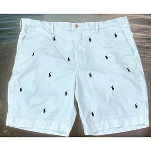 Polo Ralph Lauren All Over Embroidered Pony Mens  Shorts Stretch Cotton White 38
